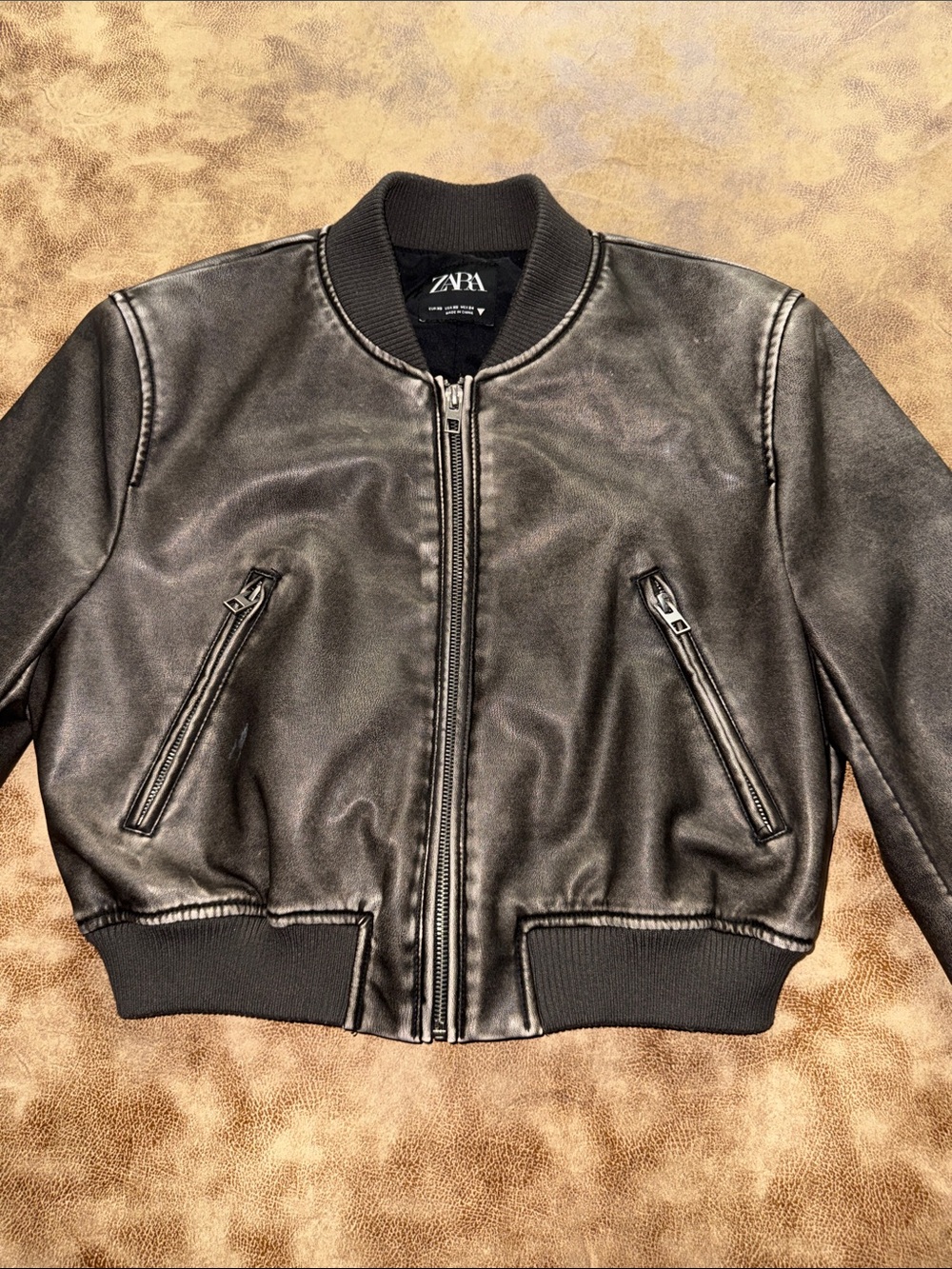 ZARA Faux Leather Bomber Jacket Black Distressed Wash XS